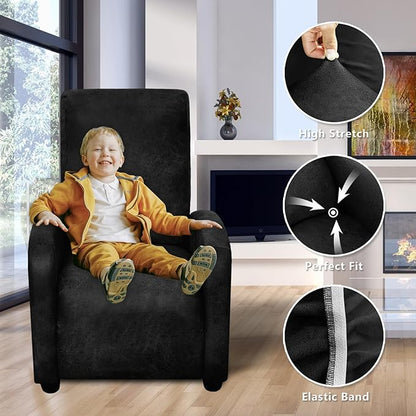 Recliner Chair Covers Leather Look Recliner Cover 4-Piece Slipcovers for Small Reclining Chair Furniture Protector for Kids Dogs Pets Spandex Fabric Washable (1 Small Seater, 02 Black)