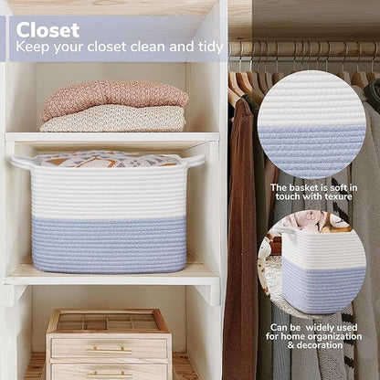 Goodpick Woven Storage Baskets for Organizing, Cotton Rope Organizer for Dog Toys Books, Rectangle Shoe Basket for Shelves, Stylish Gift Baskets Empty with Handles, 13"x10"x9", Blue