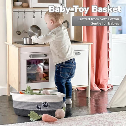 Dog Toy Basket Gift Basket Empty, Woven Storage Baskets for Towels, Cute Dog Storage Bins with Handles, Small Cotton Rope Baskets for Shelf, 13.6"x 10" x 6", Mixed-Gray
