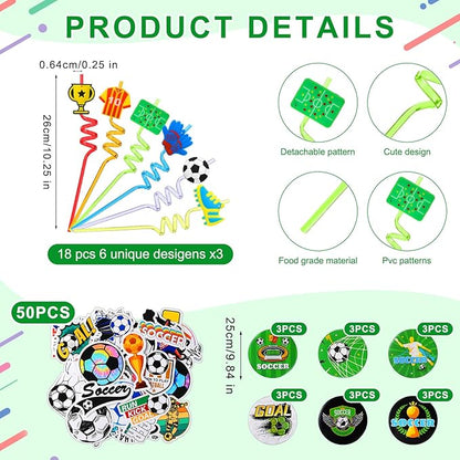 Sadnyy 140 Pcs Soccer Party Favors Birthday Party Decorations Supplies Drawstring Bags with Silicone Bracelets Keychains Straws Button Pins Stickers for Classroom Rewards Goodie Bags Stuffers