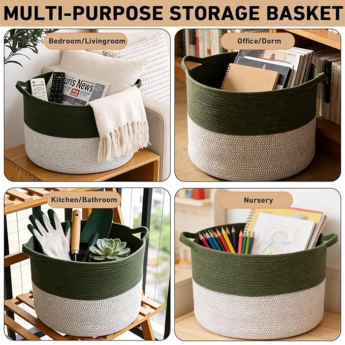 65L Extra Large Woven Cotton Rope Blanket Basket with Handles, Laundry Hamper Storage Bin for Pillows, Comforters,Clothes, Toys, Nursery, Bedroom and Living Room Organization,Green&White