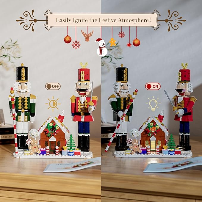 Nutcracker Christmas Decor Building Toys, Gingerbread House with Light, 2025 Xmas Gifts Ideas for Adults, Kids Girls Boys Ages 8-12, Compatible for Lego Christmas Village Decorations for Home