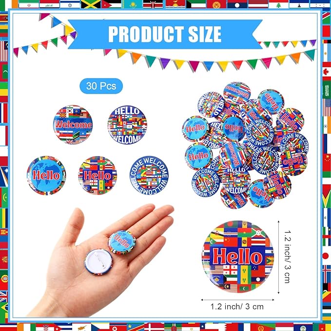 Outus 60 Pcs International World Flags Party Favors Around the World Supplies Prizes Include 30 World Flags Slap Bracelets 30 Country World Flag Button Pins for Flags Gift Bag Fillers Gifts