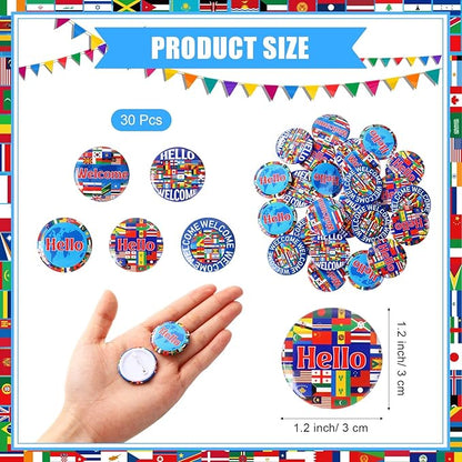 Outus 60 Pcs International World Flags Party Favors Around the World Supplies Prizes Include 30 World Flags Slap Bracelets 30 Country World Flag Button Pins for Flags Gift Bag Fillers Gifts