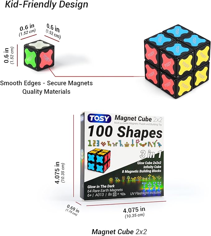 TOSY Magnet Cube 2x2 - 8 Blocks, 2in1 Toy: 2x2x2 Puzzle Cube and Customizable Infinity Cube, Easter Basket Stuffers Gifts for Kids/Grandkids, Glowing with UV Flashlight, Sensory/STEM Toy