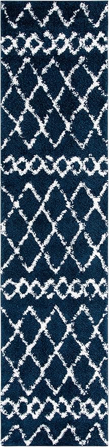 SAFAVIEH Berber Shag Collection Runner Rug - 2'2" x 9', Navy & Ivory, Moroccan Design, Non-Shedding & Easy Care, 1.2-inch Thick Ideal for High Traffic Areas in Living Room, Bedroom (BER165N)
