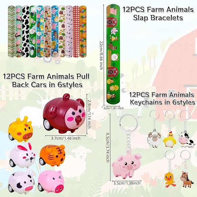 Farm Animals Party Favors,Farm Animal Coloring Books and Eight Color Crayons,Keychains Pull Back Cars Slap Bracelets Stickers For Kids