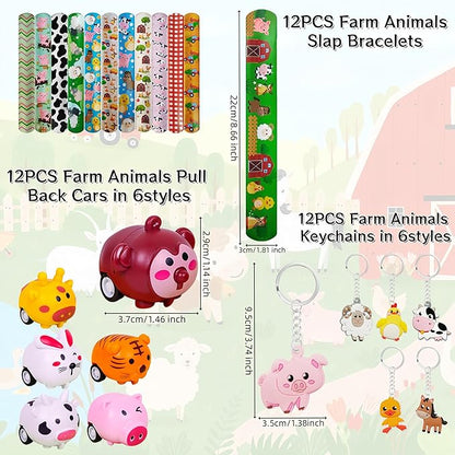 Farm Animals Party Favors,Farm Animal Coloring Books and Eight Color Crayons,Keychains Pull Back Cars Slap Bracelets Stickers For Kids