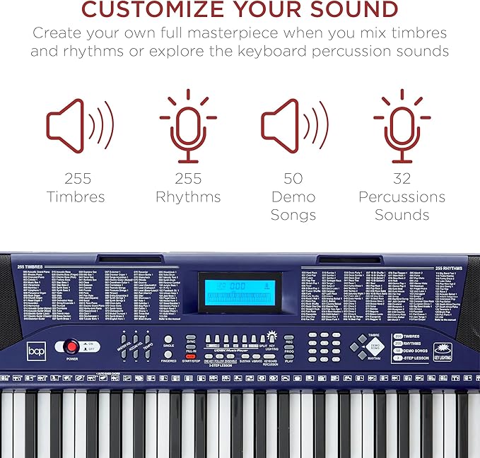 Best Choice Products 61-Key Beginners Complete Electronic Keyboard Piano Set w/Lighted Keys, LCD Screen, Headphones, Stand, Bench, Teaching Modes, Note Stickers, Built-In Speakers - Blue
