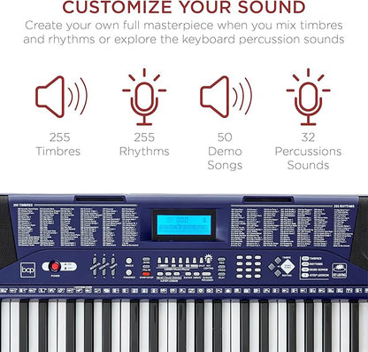 Best Choice Products 61-Key Beginners Complete Electronic Keyboard Piano Set w/Lighted Keys, LCD Screen, Headphones, Stand, Bench, Teaching Modes, Note Stickers, Built-In Speakers - Blue