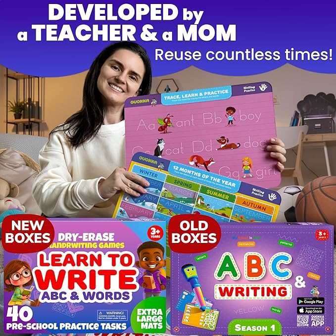 QUOKKA Busy Book Handwriting Practice for Kids - 2 Set - Learn to Write for Toddlers Age 3 4 5 - | 24 Tasks | 4 Dry Erase Markers | - Homeschool Preschool Learning Activities