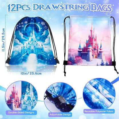 48Pcs Frozen Party Favors Elsa Birthday Supplies Girls, Drawstring Bags Silicone Bracelets Keychain Tattoo Sticker Frozen Goodie Bag Stuffer Filler Elsa Frozen Birthday Party Favors Supplies