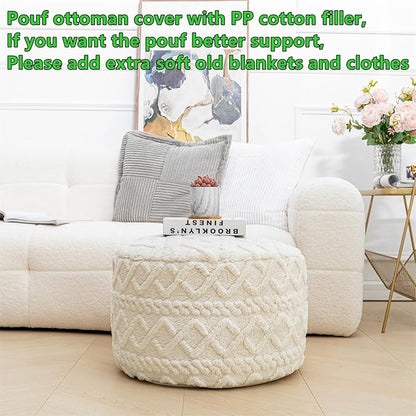 Pouf Ottoman Stuffed 20x20x12 Inches Floor Pouf Plush Fiber Ottoman Foot Rest Under Desk Foot Stool for Living Room Bedroom (Cream)