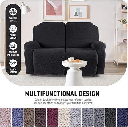 KinCam Recliner Covers, Stretch Reclining Chair Covers, Recliner Sofa Slipcovers Stripe Jacquard Recliner Couch Covers Furniture Protector Covers for Pet Kid (2 Seater, Black)