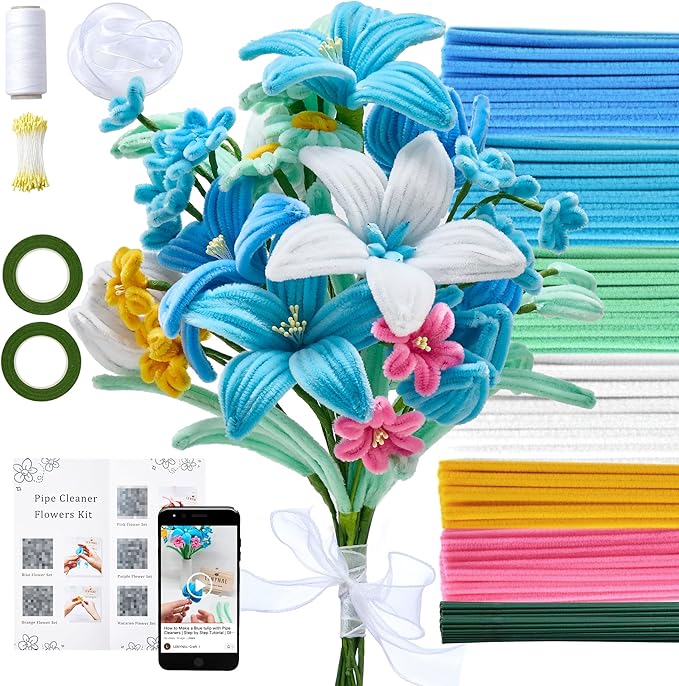 LENYNAL 500 Pcs Pastel Pipe Cleaners Craft Bulk, Blue Pipe Cleaner Flower Kit, Glue-Free & Safe for Kids, Step-by-Step Tutorial, 6 Colors Chenille Stems for Flower Making