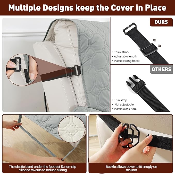 XINEAGE 100% Waterproof Recliner Chair Cover, Non Slip Covers for Recliner Chair with Pocket, Washable Dog Recliner Couch Cover with Elastic Straps (Light Gray, 23.6")