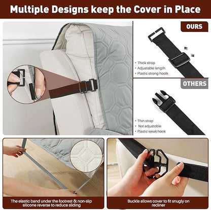 XINEAGE 100% Waterproof Recliner Chair Cover, Non Slip Covers for Recliner Chair with Pocket, Washable Dog Recliner Couch Cover with Elastic Straps (Light Gray, 23.6")