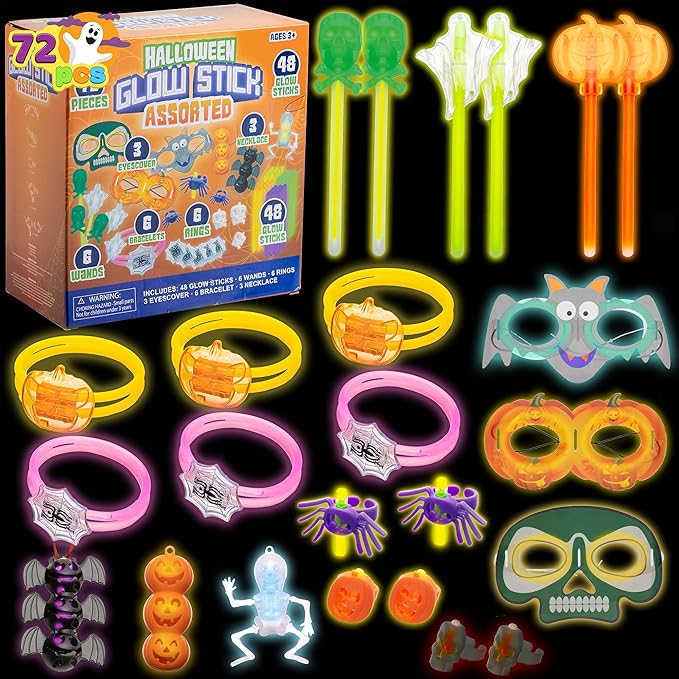 JOYIN 72 Pcs Halloween Glow Stick Bulk Light Up Party Supplies with 3 Eyescover, 3 Pendants, 6 Rings, 6 Wands, 6 Bracelets, 48 Glow Sticks for Halloween Glow in the Dark Party Favor Goodie Bag Fillers