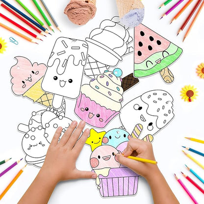 JAPBOR Ice Cream Coloring Craft - 83PCS Summer Ice Cream Themed Party Activities Game Kits for Kids, Color Your Own DIY Desserts Art Cards Hanging Ornament, Draw Paper Book School Activity Party Favor