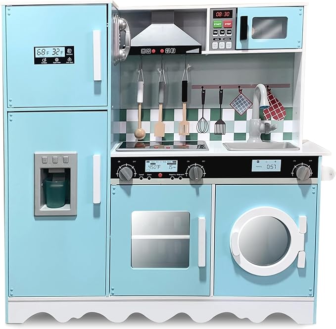 Lil’ Jumbl Kids Blue Kitchen Set, Pretend Wooden Play Kitchen, Battery Operated Icemaker, Microwave, Range Hood, Stove Top, Oven, with Realistic Sound & Lights, Pots, Pan, & Utensils Included