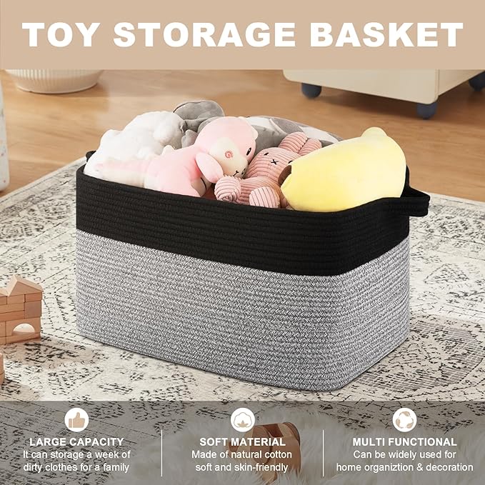 OIASKET Blanket Basket for Living Room, Woven Cotton Rope Basket for Storage Clothes, Towels, Pillows, Toy Storage Bin for kids with Handles, 20" x 16" x 12", Black and Grey (Pack of 2)
