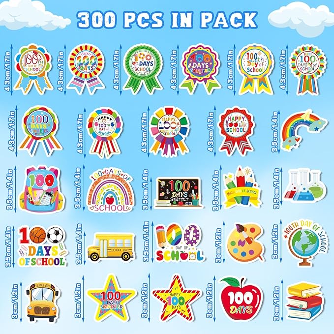 JULBEAR 300Pcs 100 Days of School Foam Stickers Self-Adhesive Campus Smarter Motivational Reward Stickers for 100th Day of School Party Classroom Decoration Favor Supplies