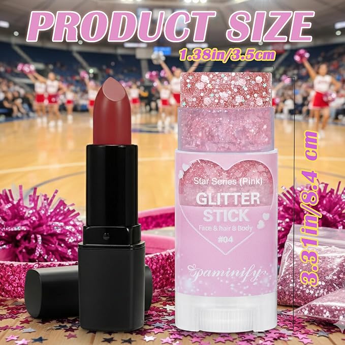 Pink Hair Glitter Stick,Cheer Body Face Glitter,Waterproof Singer Concert Music Festival Pink Out Accessories for Spirit Week,Halloween Shimmer Holographic Body Paint