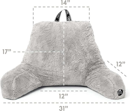 Nestl Fur Reading Pillow, Stylish Back Pillow for Bed Sitting Up, Faux Fur Bed Chair Pillow with Arms, Reading Pillows for Sitting in Bed Adult & Kids, Back Support Pillow for Bed Rest - Light Grey