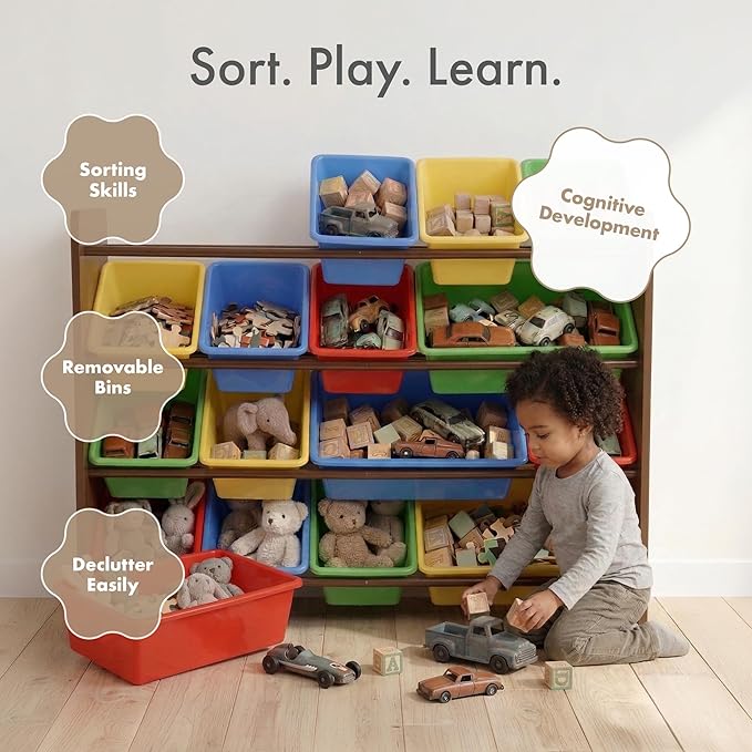 Humble Crew Toy Storage Organizer with 16 Removable Storage Bins for Kids Playroom, 4-Tier Toddler Toy Organization and Storage, Walnut/Primary