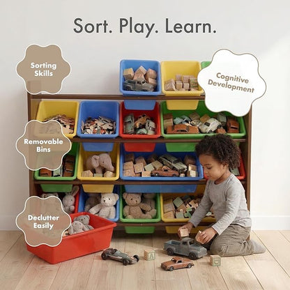 Humble Crew Toy Storage Organizer with 16 Removable Storage Bins for Kids Playroom, 4-Tier Toddler Toy Organization and Storage, Walnut/Primary