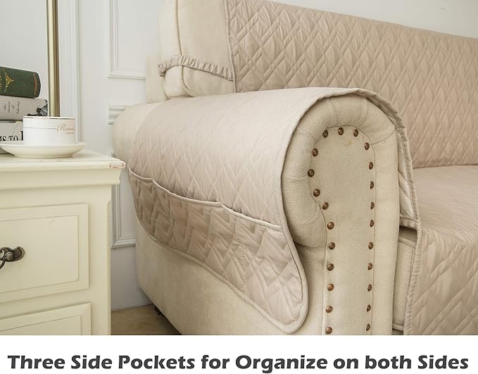 Ameritex Couch Sofa Slipcover 100% Waterproof Nonslip Quilted Furniture Protector for Dogs, Children, Pets, Machine Washable (Beige, 68")