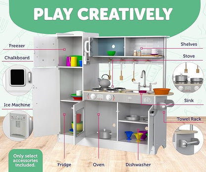 Play Kitchen - Wooden Kitchen Playset for Toddlers and Big Kids - Large Pretend Toy playset for Boys and Girls with Cooking Stove, Oven, Pots, Pans, Phone, Microwave, Fridge, Sink, Utensils - Ages 3-8