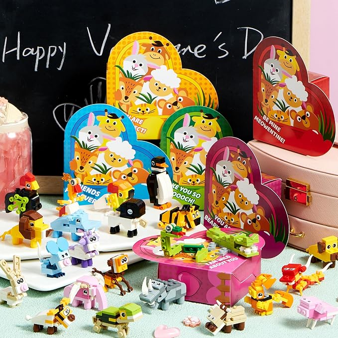 JOYIN 24 Packs Valentines Animal Building Blocks with Hearts Party Favors Boxes for Kids Valentine Classroom Prize Supplies, Classroom Gift Exchange School Rewards