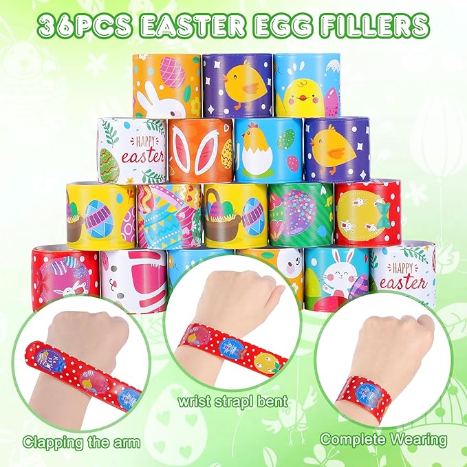 Easter Slap Bracelets for Kids 36PCS Easter Basket Stuffers for Kids Bulk Snap Bracelet Easter Party Favors Supplies Easter Egg Fillers Toys Goodie Bag Stuffers Toy Gifts for Student Classroom Prizes