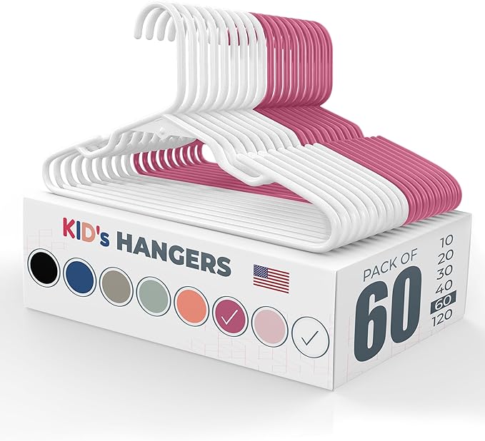 Made in USA Baby Hangers, Kids Hangers for Children's Clothes, Toddler Outfits and Clothing, 20 50 100 Pack Available, Kid Plastic Hanger for Closet and Nursery, Kids Hangars (60pk White/Pink)