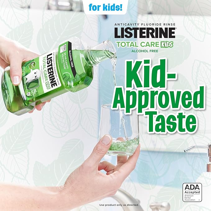Listerine Total Care Kids Mouthwash, ADA Accepted, Alcohol-Free Anticavity Sodium Fluoride Mouthwash, Kids' Oral Rinse for Cavity Protection, Mint Flavor for Children's Oral Care, 500 mL