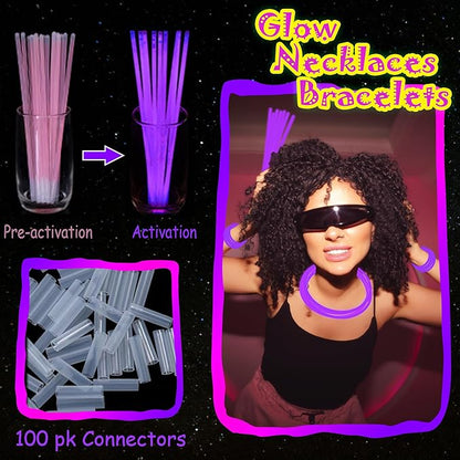 100 pk 8" Purple Glow Sticks Bulk Party Favors, Light up Glow Necklaces & Bracelets in the Dark Party Supplies For Christmas Halloween Mardi Gras Birthday Neon Party (100 * Purple)