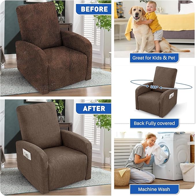 MAXIJIN Waterproof Small Recliner Chair Covers 3 Pieces Recliner Cover That Stay in Place, Lazy Boy Recliner Slipcovers with Pockets Reclining Protector for Pet (Small Recliner, Light Coffee)