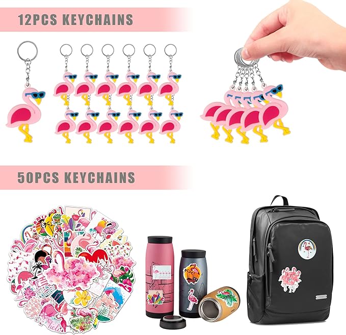 110 PCS Flamingo Party Favors Pink Flamingo Goodie Bags with Keychains, Stickers, Slap Bracelets, and Bags for Flamingo Themed Birthday Party Hawaiian Aloha Party
