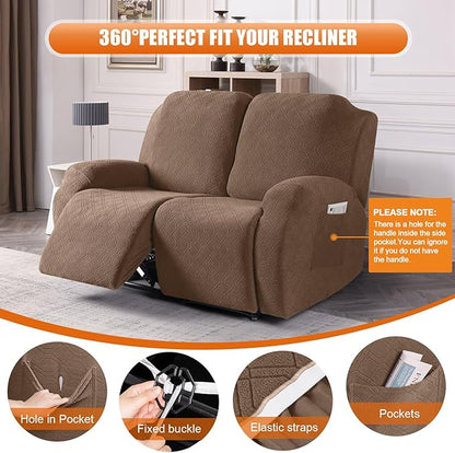 VANSOFY Oversized Recliner Cover, 2-Pieces Stretch Reclining Couch Cover with Pockets Loveseat Sofa Slipcovers Soft Washable Furniture Protector for Dogs Cats(Light Coffee)