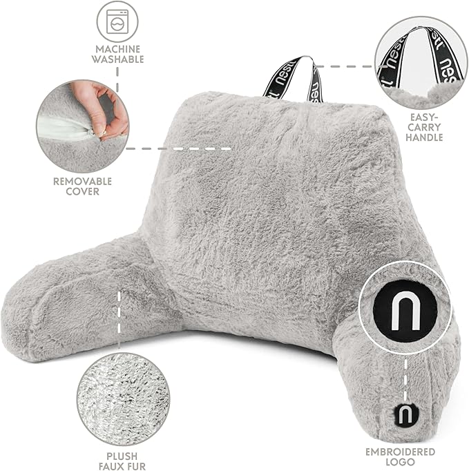Nestl Fur Reading Pillow, Stylish Back Pillow for Bed Sitting Up, Faux Fur Bed Chair Pillow with Arms, Reading Pillows for Sitting in Bed Adult & Kids, Back Support Pillow for Bed Rest - Light Grey