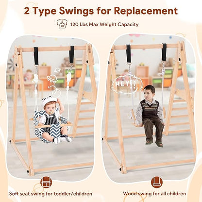 7 in 1 Indoor Jungle Gym for Kids, Foldable Toddler Indoor Playground with Slide, Beechwood & Baby Swing, Climbing Wall & Ladder, Wooden Climbing Toys Playset Gifts for Kids (Wood Color)