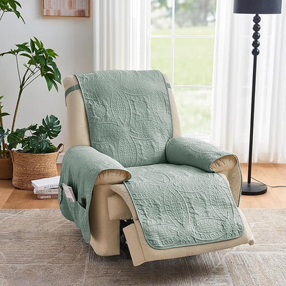Green Quilted Recliner Covers, Water-Repellent Recliner Slipcovers, Recliner Covers Stay in Place, Pet Friendly Recliner Cover for Dogs, Washable Chair Protector (Recliner 22", Sage Green)