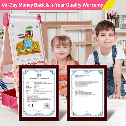 FUNLIO Anti-Warping Kids Art Easel, 3 Height Adjustable for Kids Aged 2-8, All-in-One Toddler Easel with Paper Roll & Erasable Frame, Standing Easel with Magnetic Chalkboard/Whiteboard (Pink)