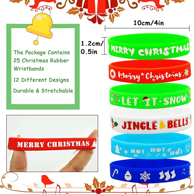 JUNEBRUSHS 50 Pack Christmas Party Favors Christmas Slap Bracelets Rubber Wristbands Assorted for Kids Slap Bands Silicone Snap Bracelets Bulk for Boys Girls Prizes Gifts Toys Stocking Stuffers