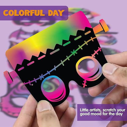 JOYIN 32 Pcs Halloween Rainbow Scratch Masks Crafts for Kids, Halloween Party Favors, Scratch Art Masks, Halloween Party Supplies, Scratch Off Paper Animal Masks Classroom Activities Gift Party Games