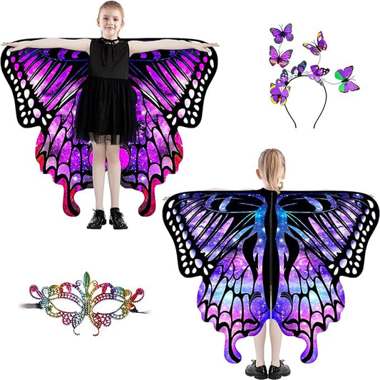 Butterfly Wings For Girls, Double-Sided Fairy Wings, Halloween Costumes for Kids, 3PCS Butterfly Cape Set.
