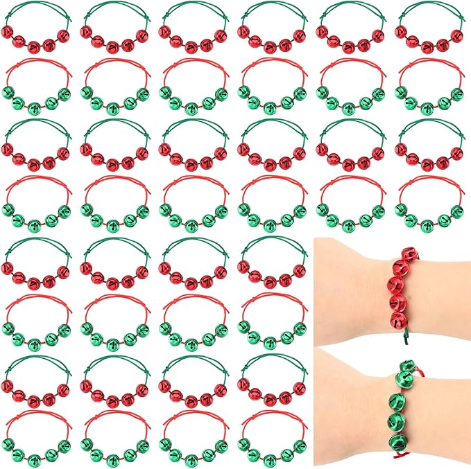 Liliful 40 Pcs Christmas Bell Bracelets Bulk Red and Green Holiday Adjustable Bracelets for Kids Adults Stocking Stuffers Goodie Bag Fillers Xmas Party