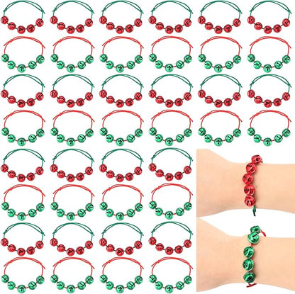 Liliful 40 Pcs Christmas Bell Bracelets Bulk Red and Green Holiday Adjustable Bracelets for Kids Adults Stocking Stuffers Goodie Bag Fillers Xmas Party