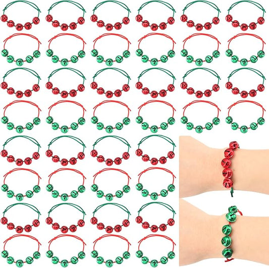 Liliful 40 Pcs Christmas Bell Bracelets Bulk Red and Green Holiday Adjustable Bracelets for Kids Adults Stocking Stuffers Goodie Bag Fillers Xmas Party